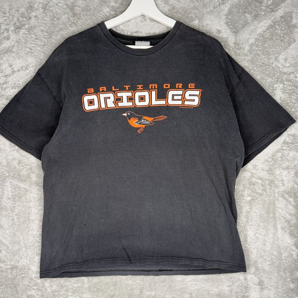 Vtg Baltimore Orioles T-Shirt Mens XL Faded Black Spellout Logo MLB Baseball Y2K